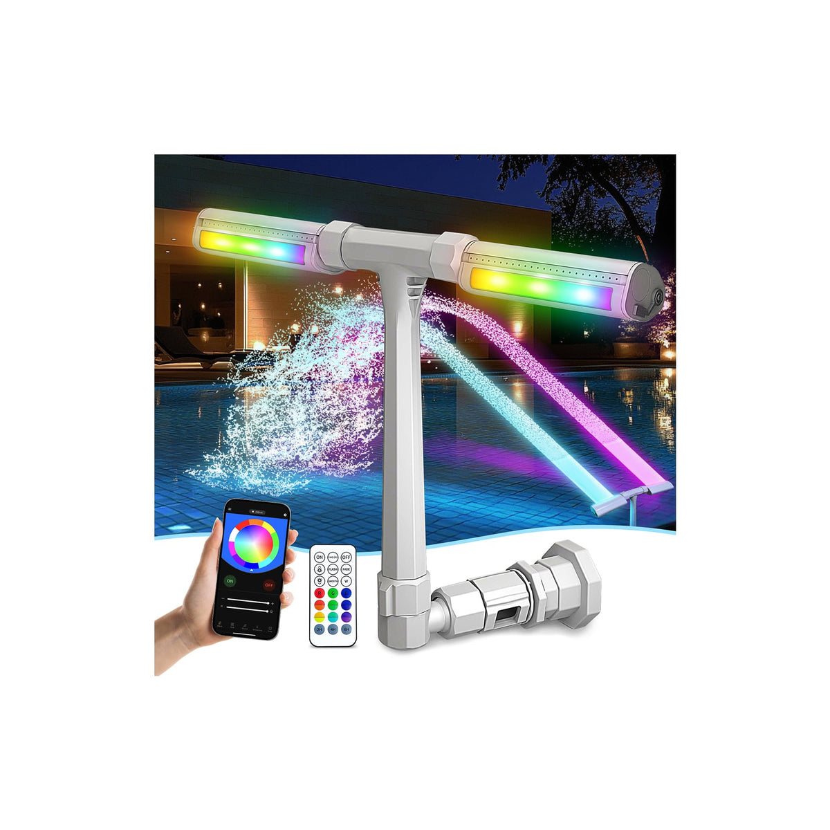 ONEANU pool fountain with lights fits most inground or above-ground pools.