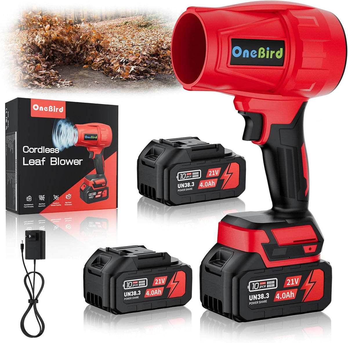 OneBird cordless leaf blower front view in red for quick garden cleanup.