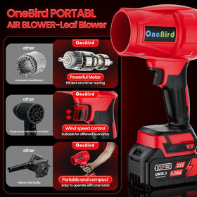 OneBird cordless leaf blower in action delivering 160 MPH air stream.