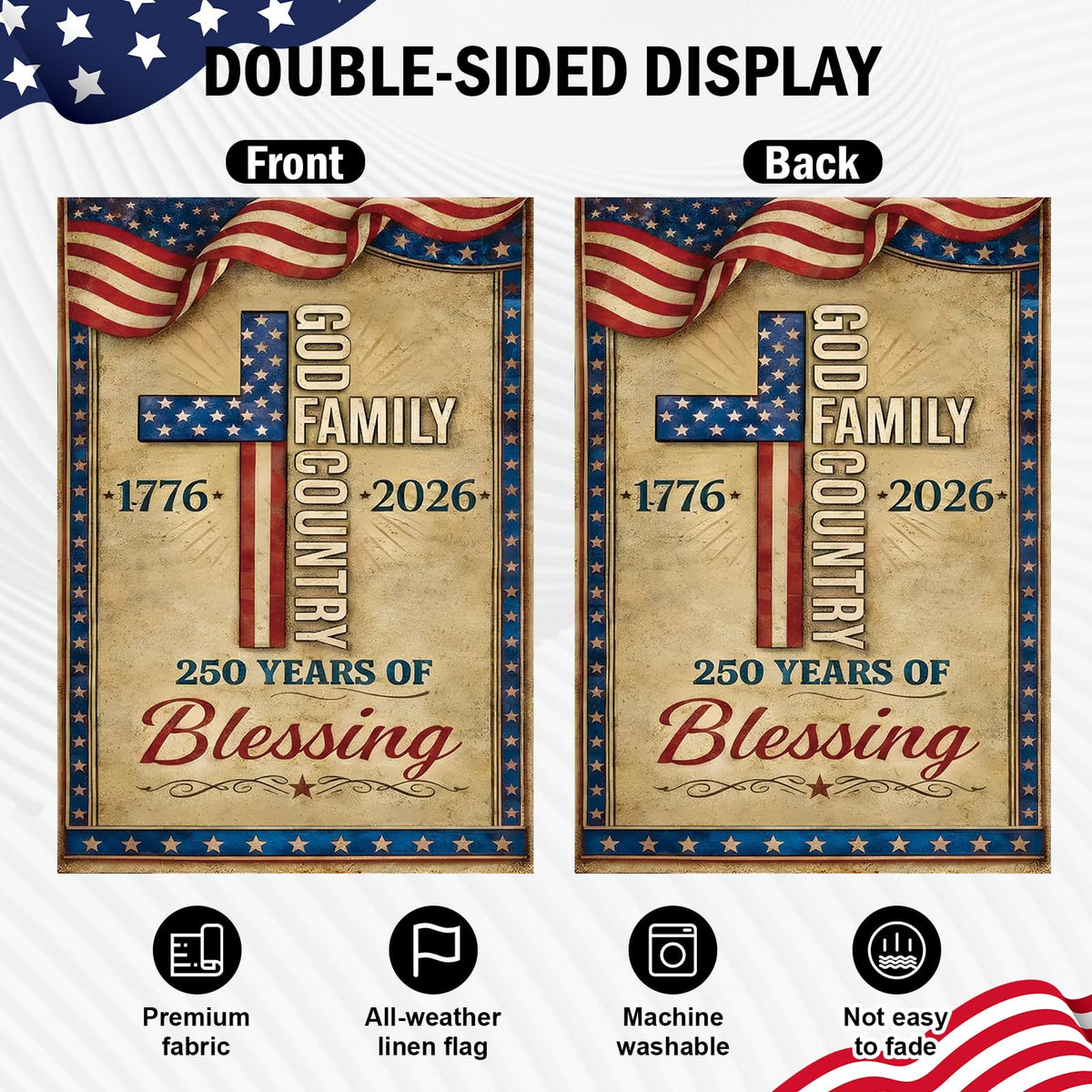ONEHAUS double-sided patriotic flag visible from both sides outdoors.