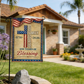 ONEHAUS linen-texture flag adds rustic charm to garden spaces.