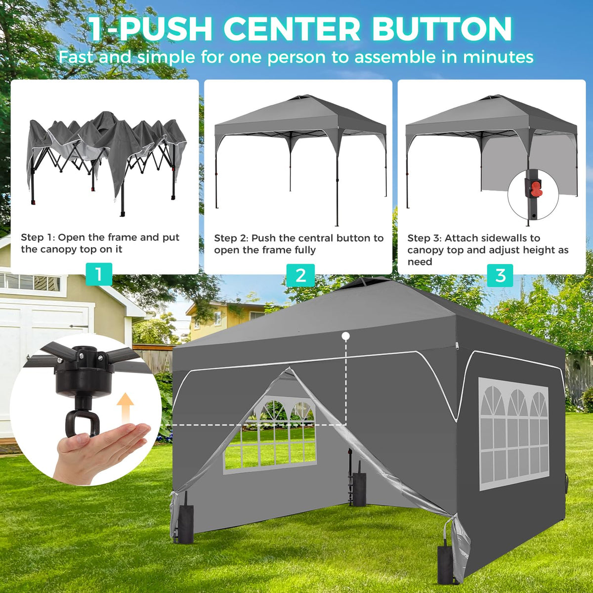 Oneofics 8x8ft pop-up canopy side view highlighting stable straight legs
