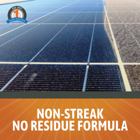 Hands applying cleaner to dirty solar panels for quick, touch-free cleaning.