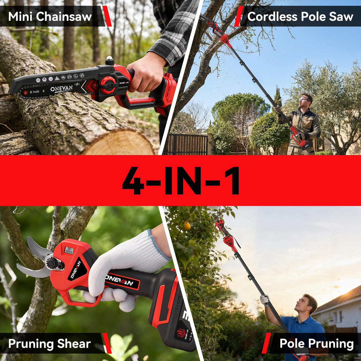 ONEVAN 8-inch electric pole saw delivering clean cuts on branches.
