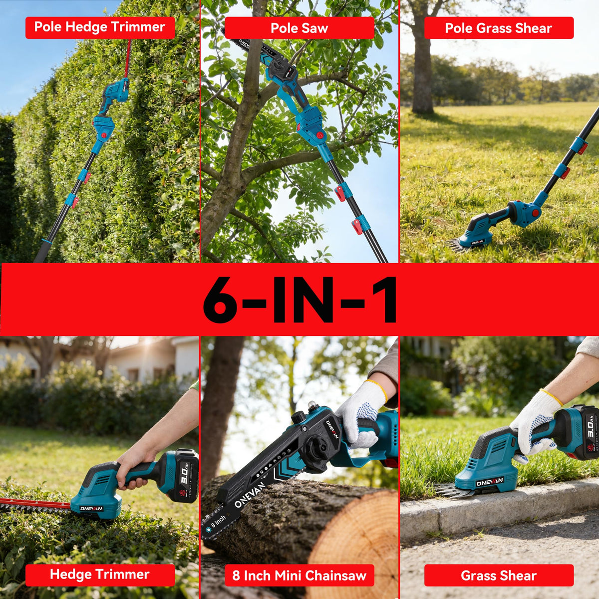 ONEVAN extendable pole reach demonstrates safe tall-tree trimming from ground.