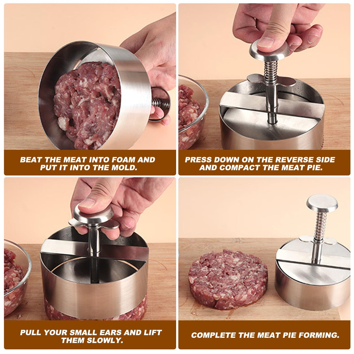 Onionfier patty press in use shaping uniform burgers on grill