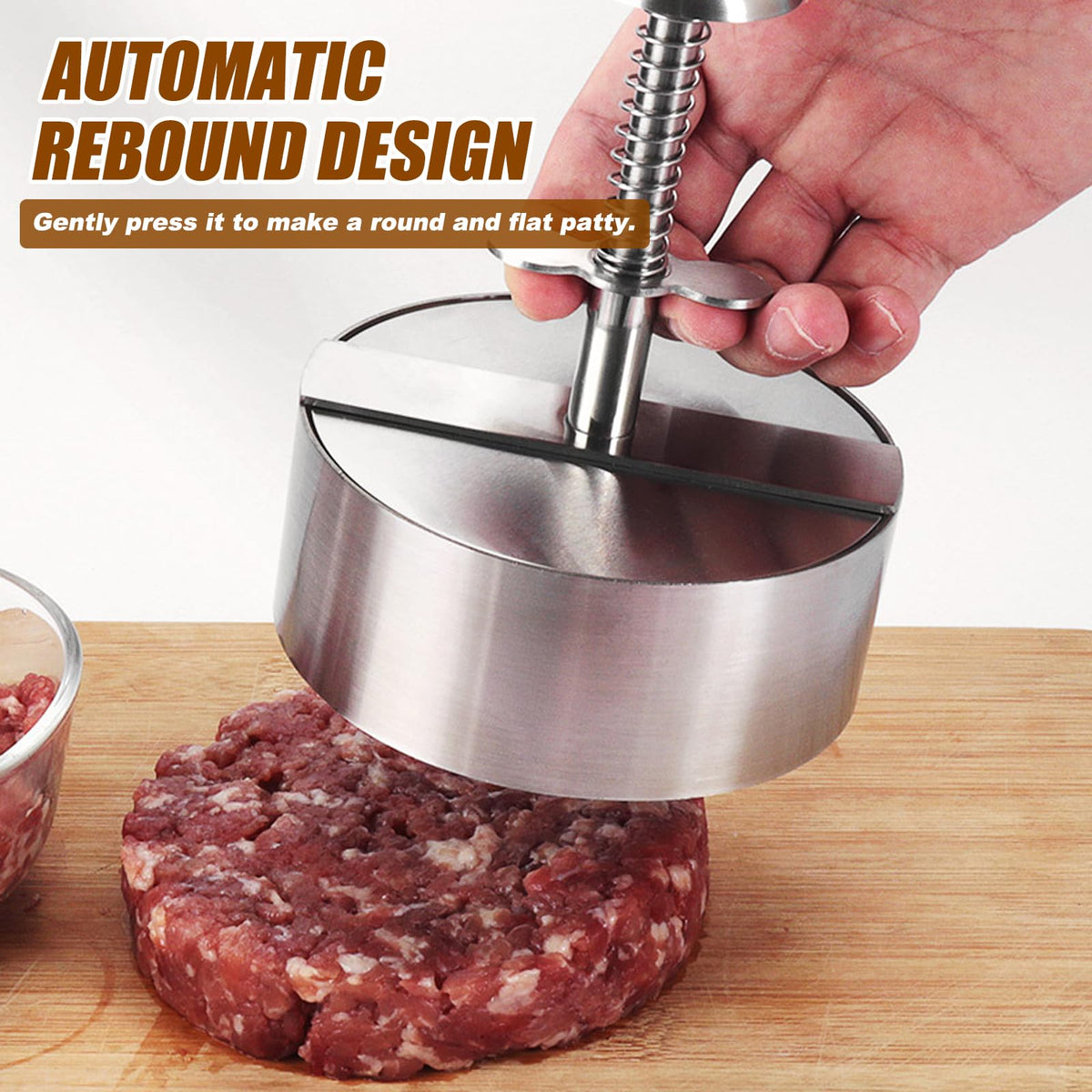 Onionfier stainless patty mold close-up emphasizing edge finishing for safe handling