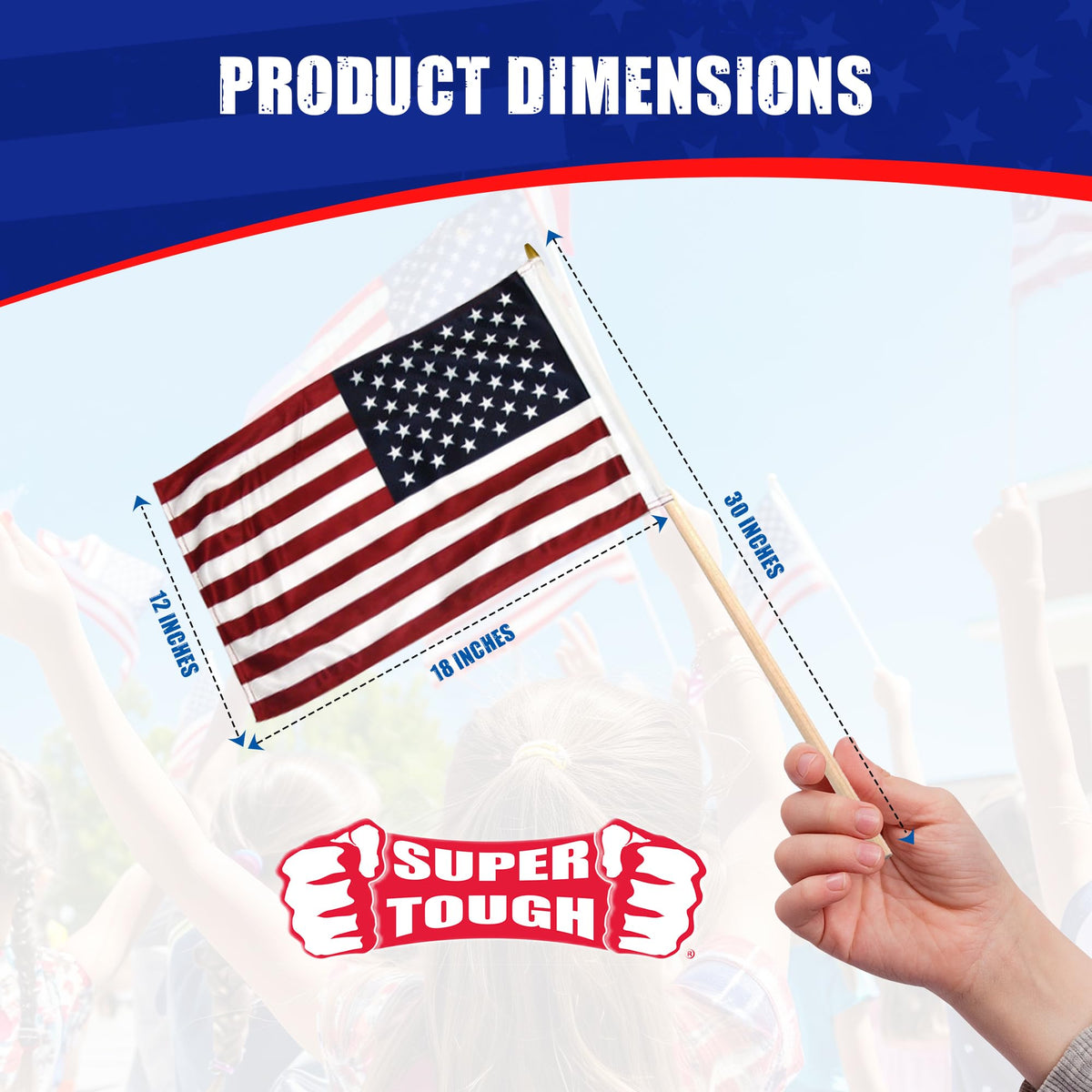 Online Stores Super Tough American Flag with 30-inch wooden stick for sturdy outdoor displays.
