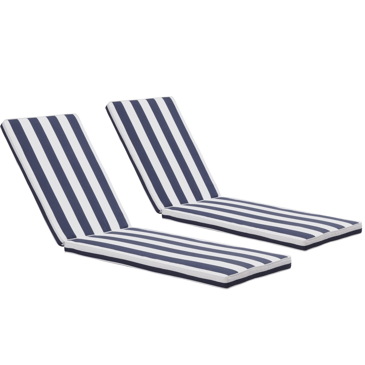 Only Choice outdoor lounge chair cushions in blue-white stripes add comfy seating.