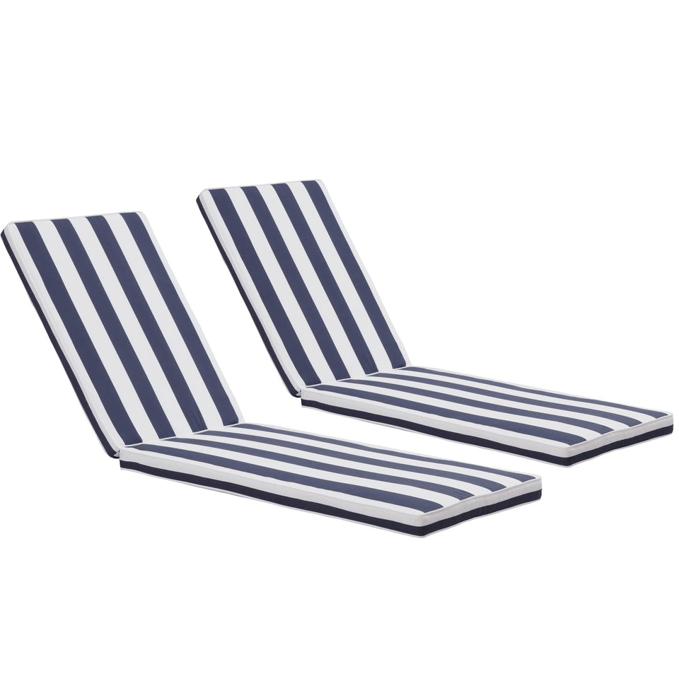 Only Choice outdoor lounge chair cushions in blue-white stripes add comfy seating.