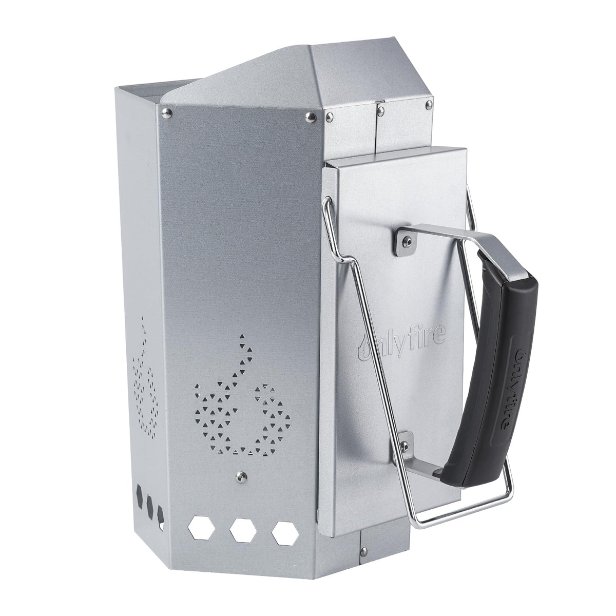 Onlyfire chimney starter with heat shield protects hands during rapid coal ignition