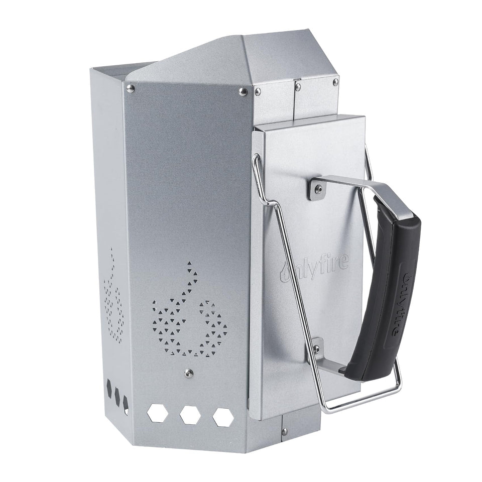 Onlyfire chimney starter with heat shield protects hands during rapid coal ignition