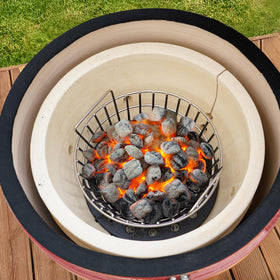 Onlyfire two-zone setup image shows half-basket loading for hot and cool zones