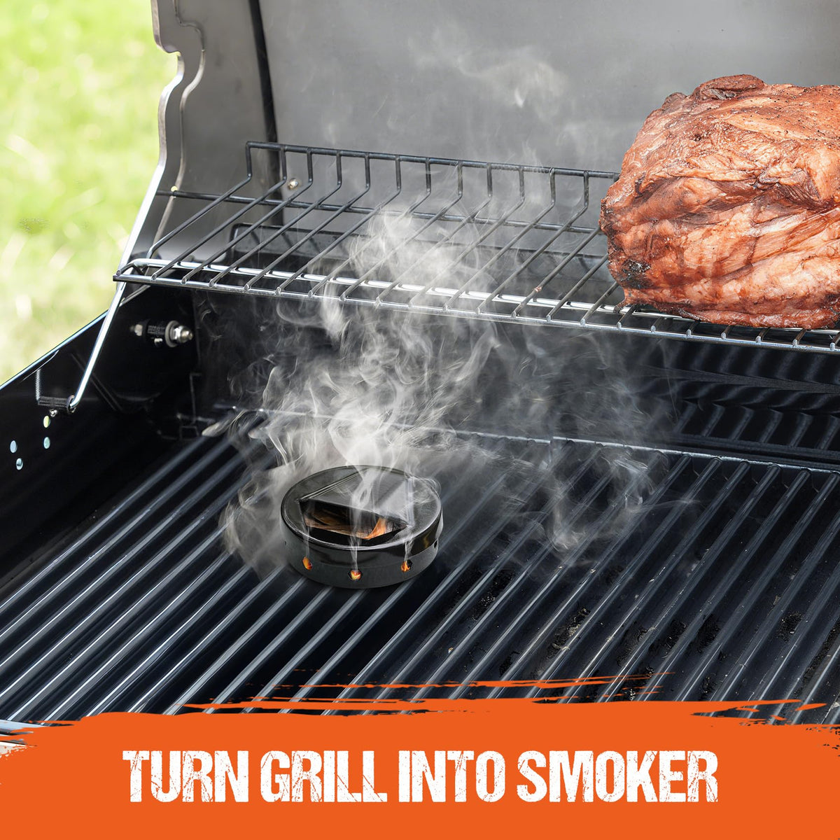 Onlyfire Chef smoker box with an easy lid allows quick chip changes.