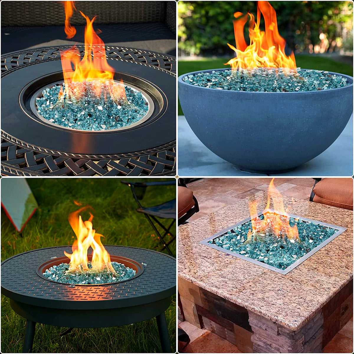 Onlyfire fire pit glow with ambient lighting in outdoor setting.