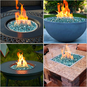 Onlyfire fire pit glow with ambient lighting in outdoor setting.