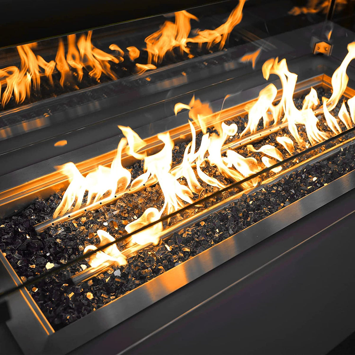 Onlyfire fire glass rocks ready-to-pour blends Aqua Blue Platinum Copper provide balanced color.