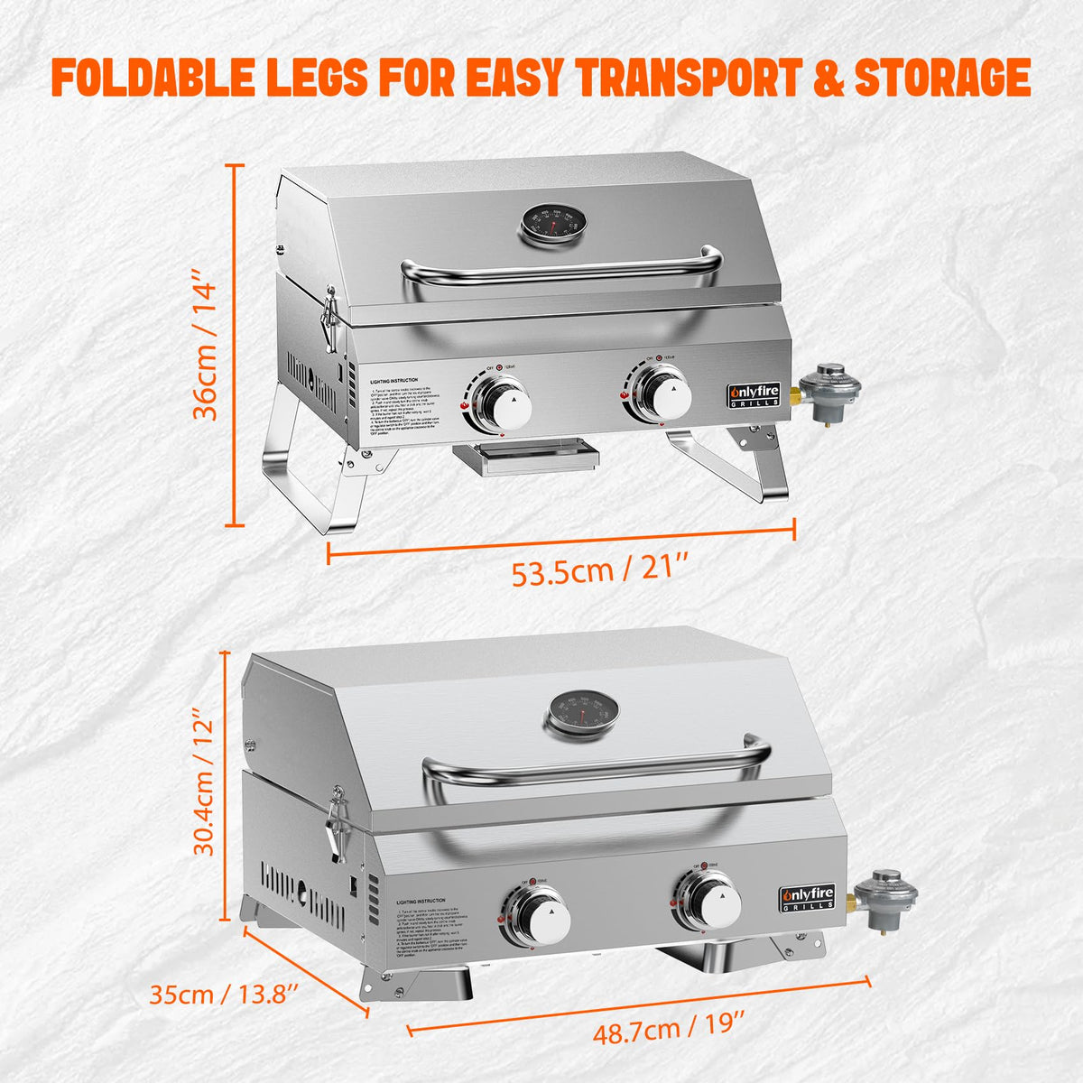 ONLYFIRE GRILLS portable grill with foldable legs for easy transport.