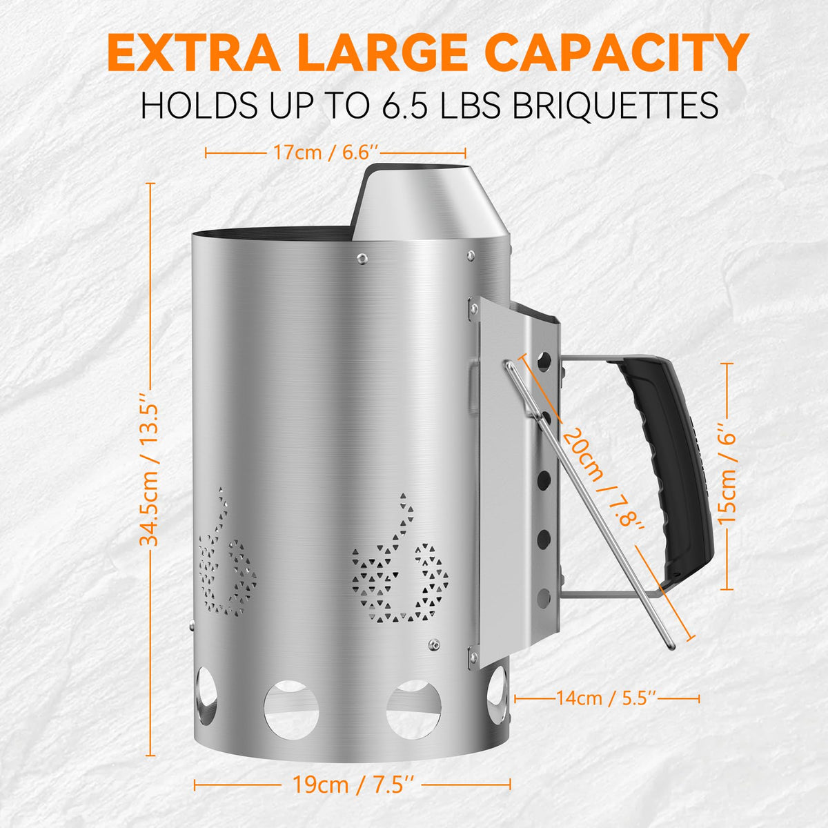 Onlyfire Heavy Duty Deluxe BBQ Chimney Starter highlighting reinforced heat deflector for cooler forearms