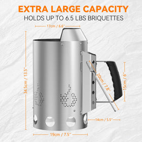 Onlyfire Heavy Duty Deluxe BBQ Chimney Starter highlighting reinforced heat deflector for cooler forearms
