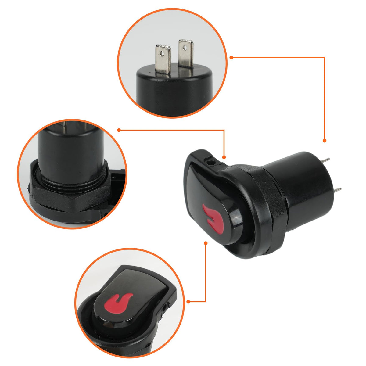 Onlyfire ignition switch front-face close-up showing durable plastic button.