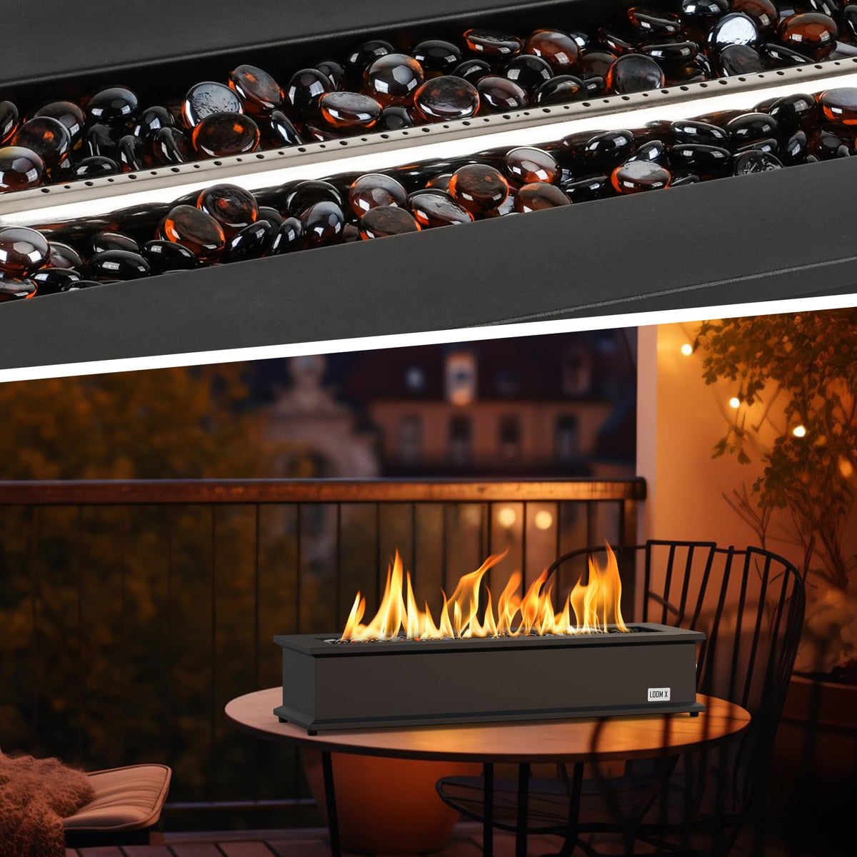 Onlyfire Loom X decorative fire glass beads shimmering with the flame.