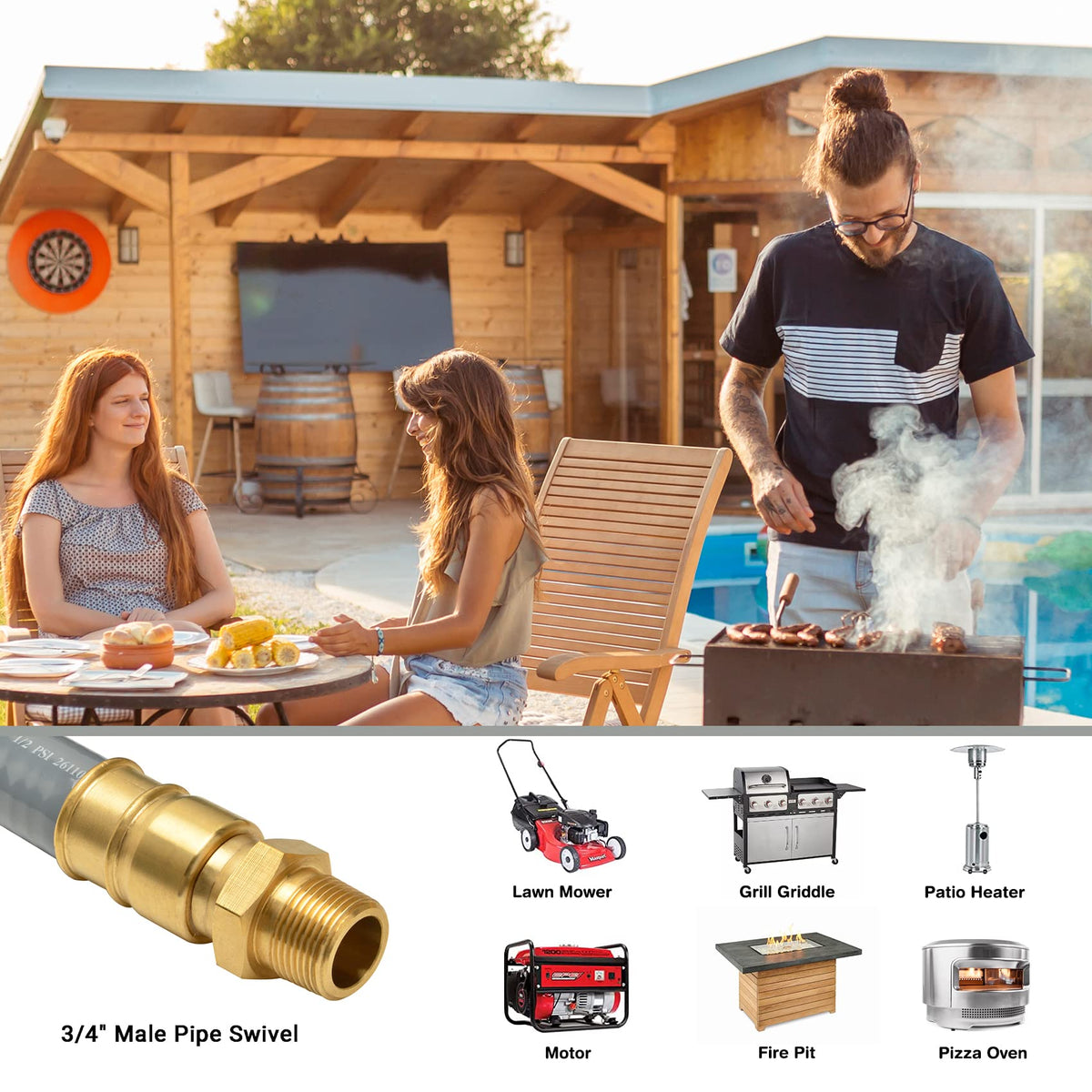 Onlyfire outdoor gas hose supports grills and pizza ovens in outdoor setups.
