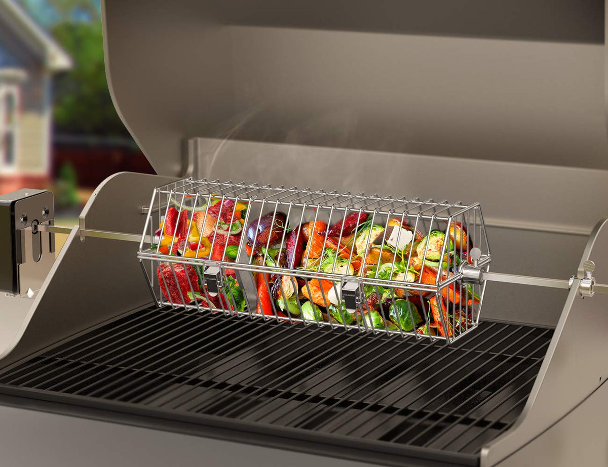 OnlyFire rotisserie basket open setup for easy loading and unloading.
