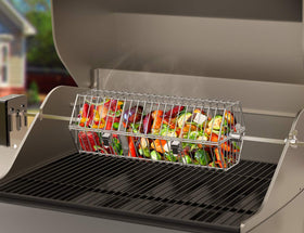 OnlyFire rotisserie basket open setup for easy loading and unloading.