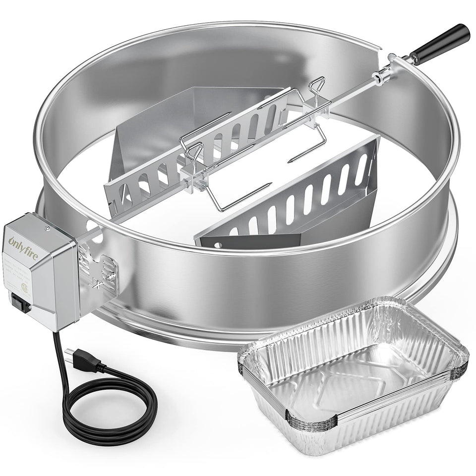 Onlyfire rotisserie ring kit on a Weber 22-inch kettle for even cooking