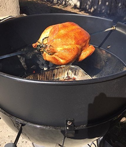 Onlyfire rotisserie rod shows universal grill compatibility with forks.
