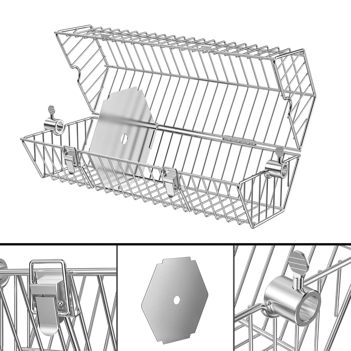 OnlyFire round rotisserie basket with spit rod clamp secures pieces during roasting.