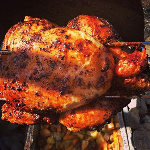 Onlyfire stainless steel rotisserie rod in use on gas, charcoal, or electric grills.