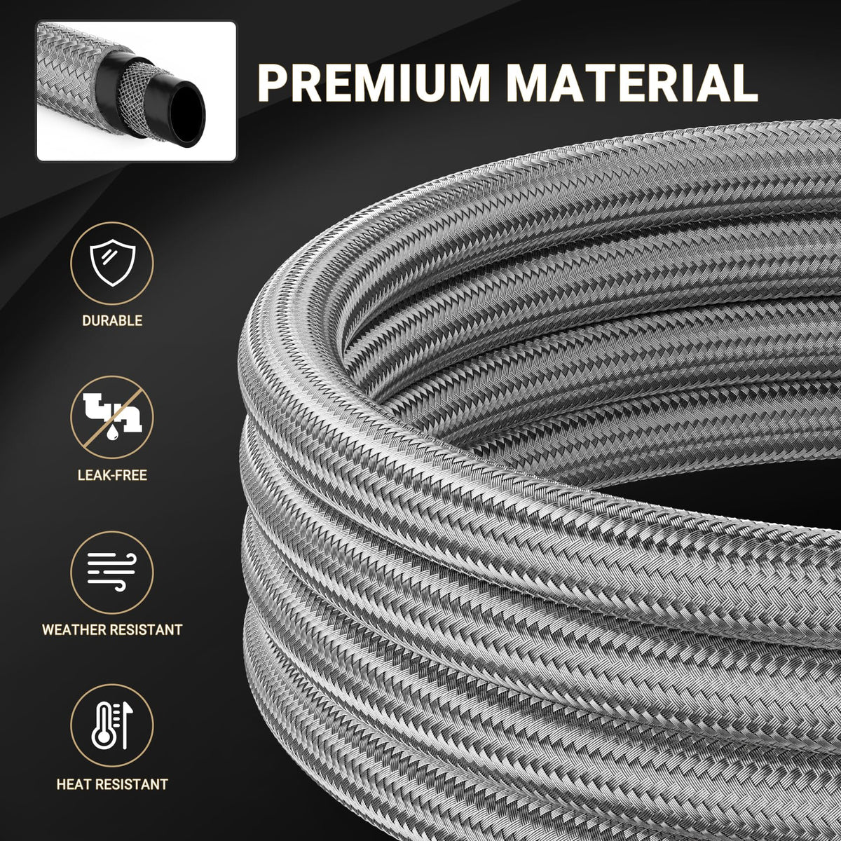 Onlyfire stainless braided hose protects the propane line from wear.