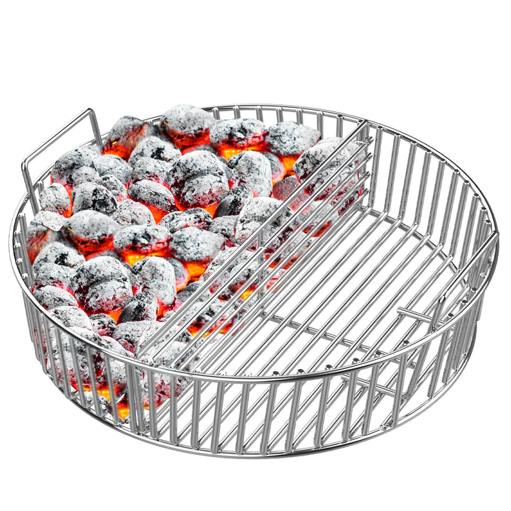 Onlyfire stainless steel ash basket XL front view for two-zone cooking and stable temps.