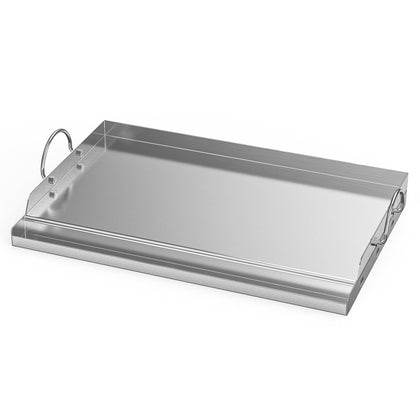 Onlyfire stainless steel BBQ griddle 25x16 on a grill, showing a large cooking surface and durable finish