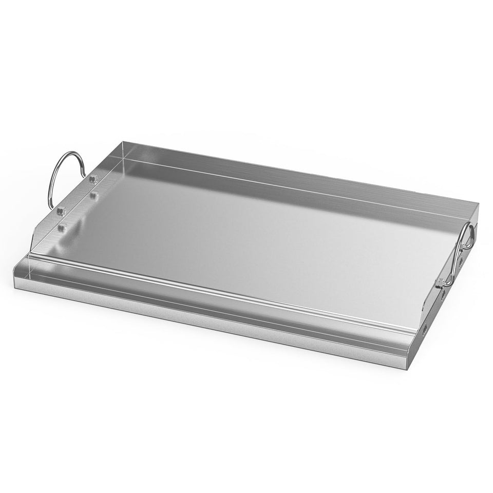 Onlyfire stainless steel BBQ griddle 25x16 on a grill, showing a large cooking surface and durable finish
