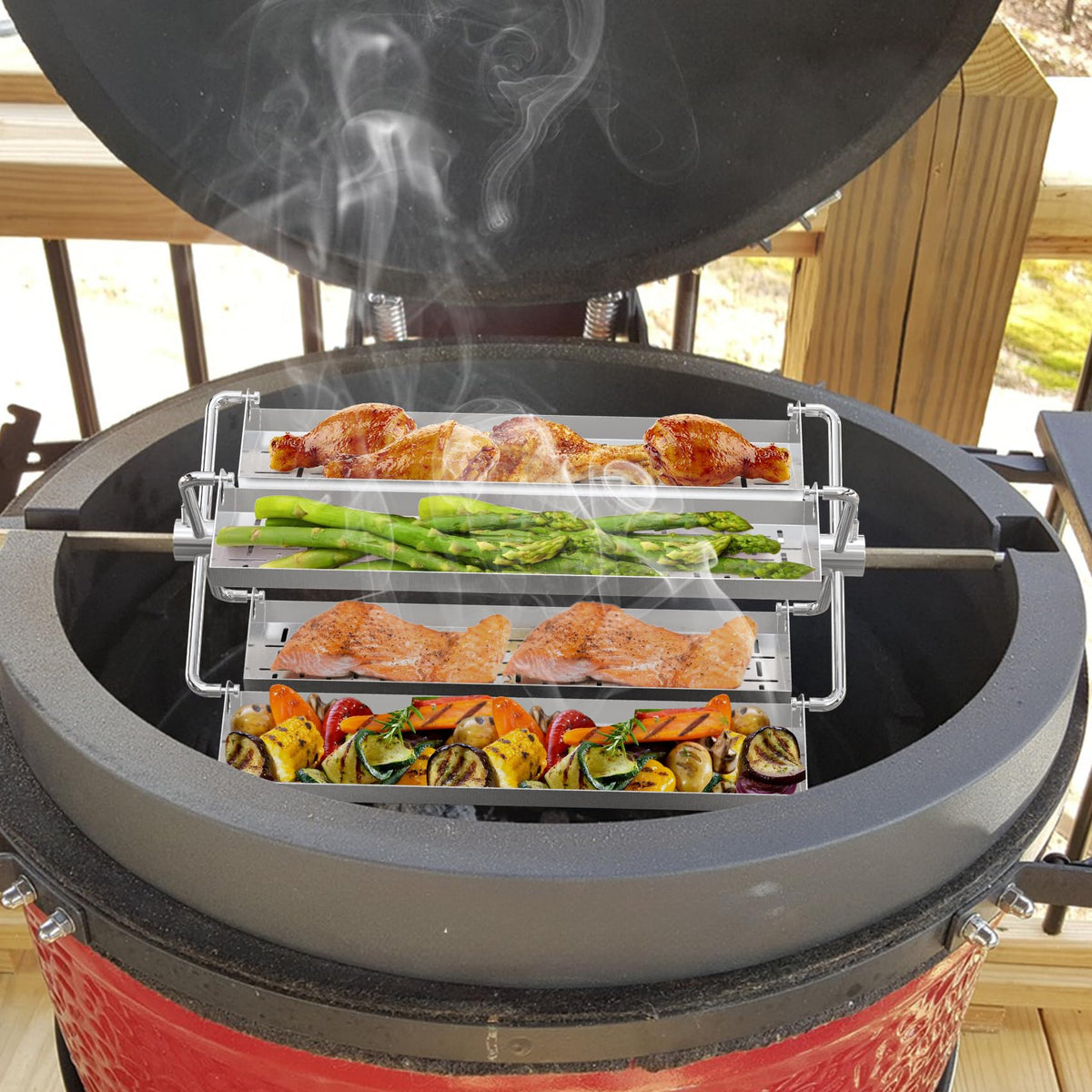 Onlyfire versatile grilling options with ribs steak fish and vegetables
