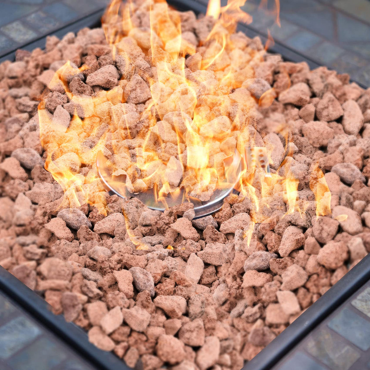 Onlyfire volcanic stone fireplace setup featuring lava rocks for natural ambiance