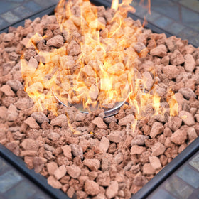 Onlyfire volcanic stone fireplace setup featuring lava rocks for natural ambiance
