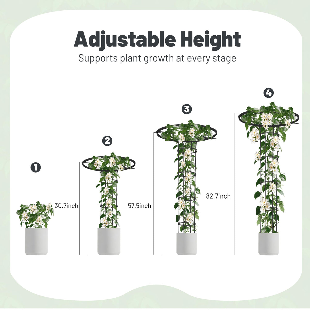 OnlyGarden adjustable pot trellis grows with plants in containers.