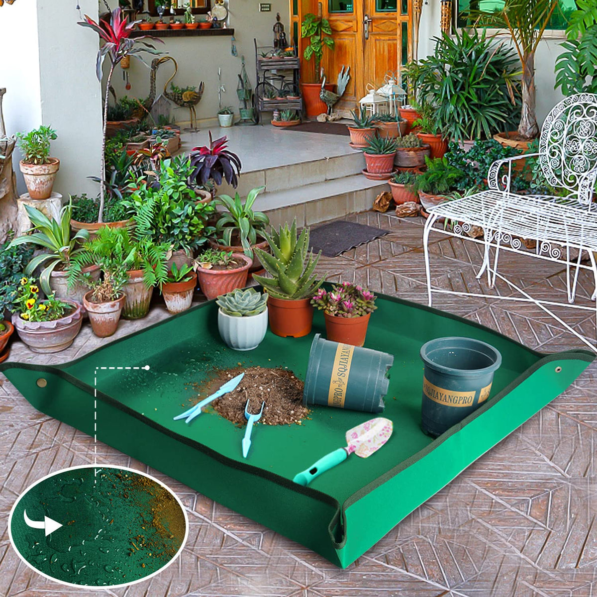 Onlysuki foldable-potting-mat stores neatly with Velcro straps.