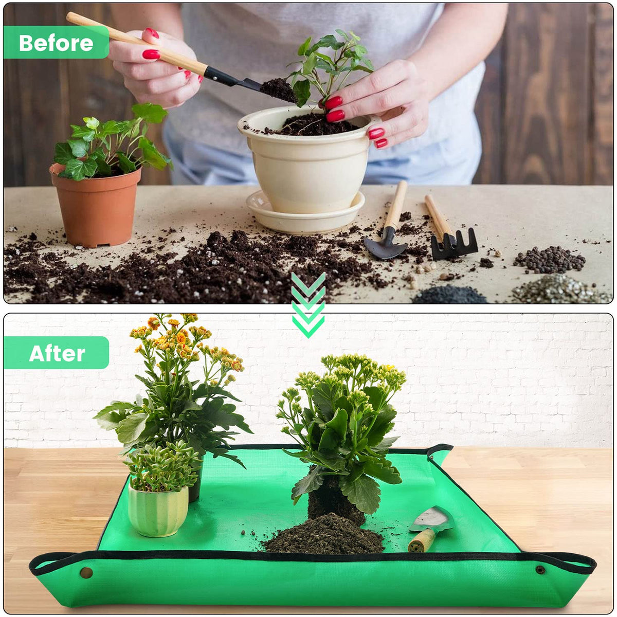 Onlysuki waterproof repotting mat laid flat for quick cleanup after transplanting.