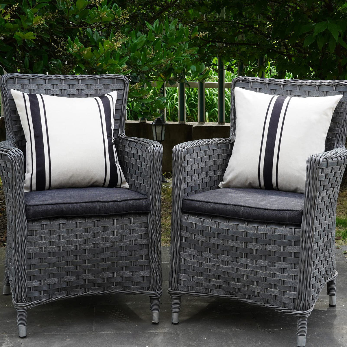 ONWAY outdoor pillow cover beige stripe on patio furniture showing weather-ready fabric