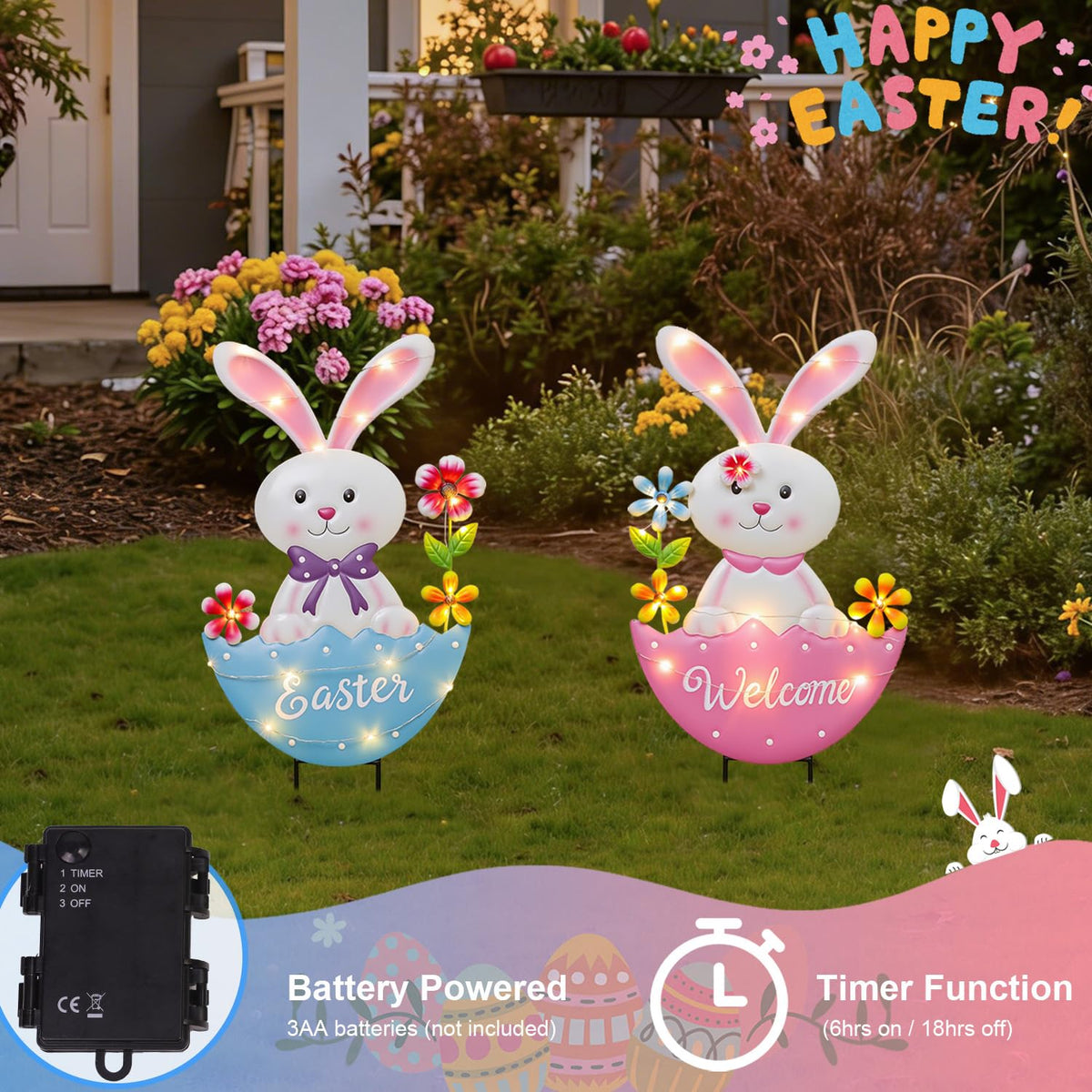 ooLALoo bunny eggs garden decor creates festive Easter ambiance outdoors.