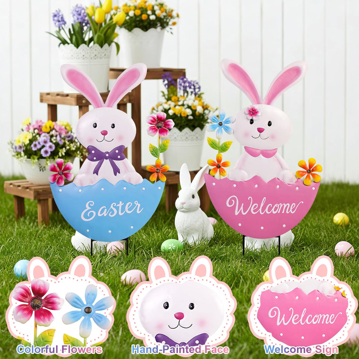 ooLALoo Easter garden stake fits lawn, pots, or planters with ease.