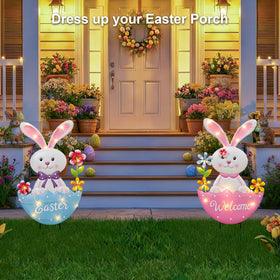ooLALoo welcome bunny sign with flowers adds warm porch greeting.