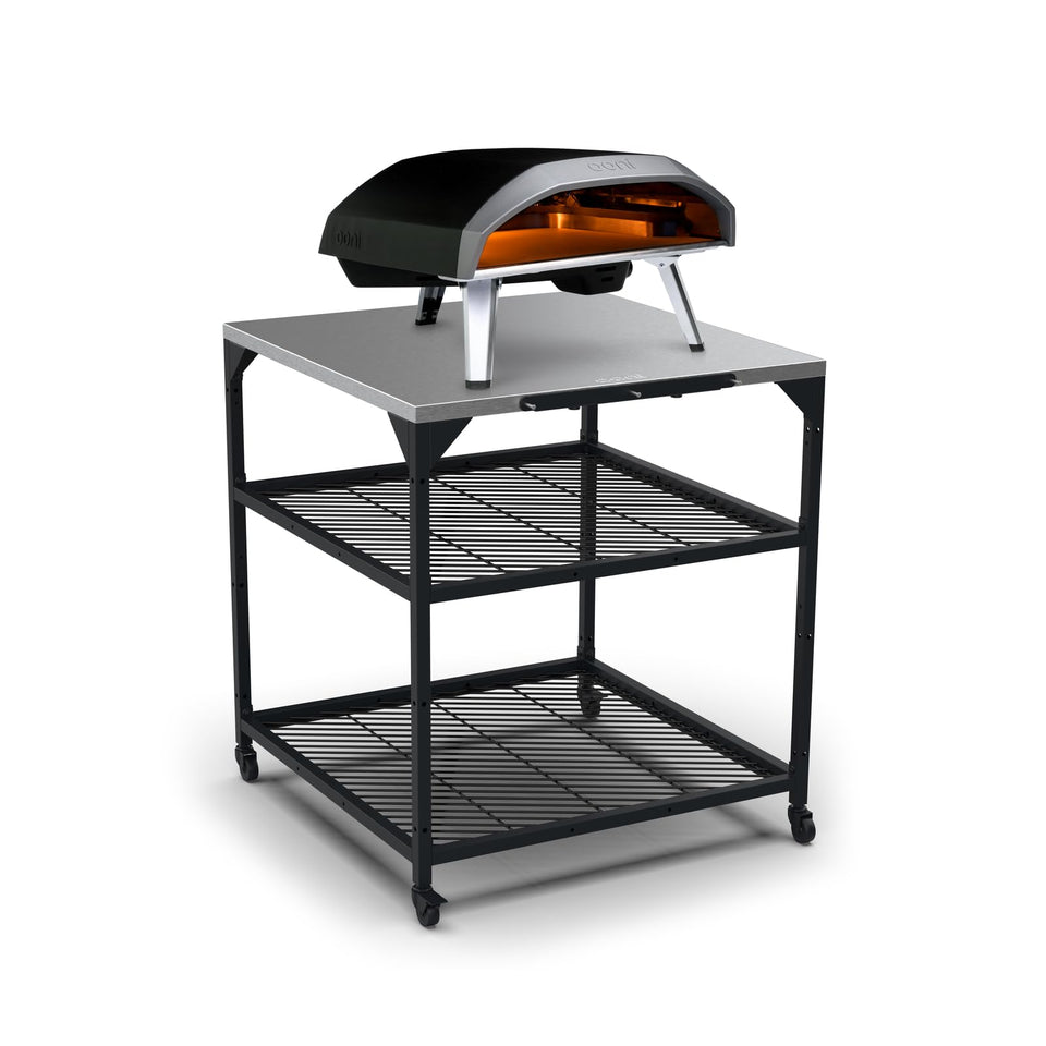 Ooni outdoor table top view with wide surface for pizza prep and toppings.