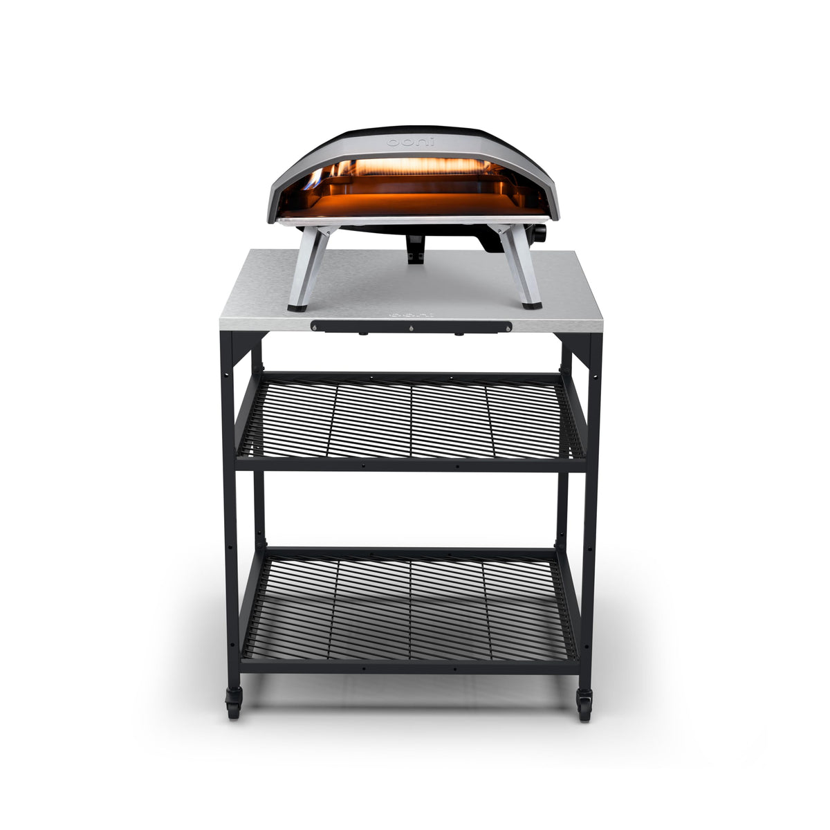 Ooni outdoor table two-shelves showcasing adjustable storage for ingredients and tools.