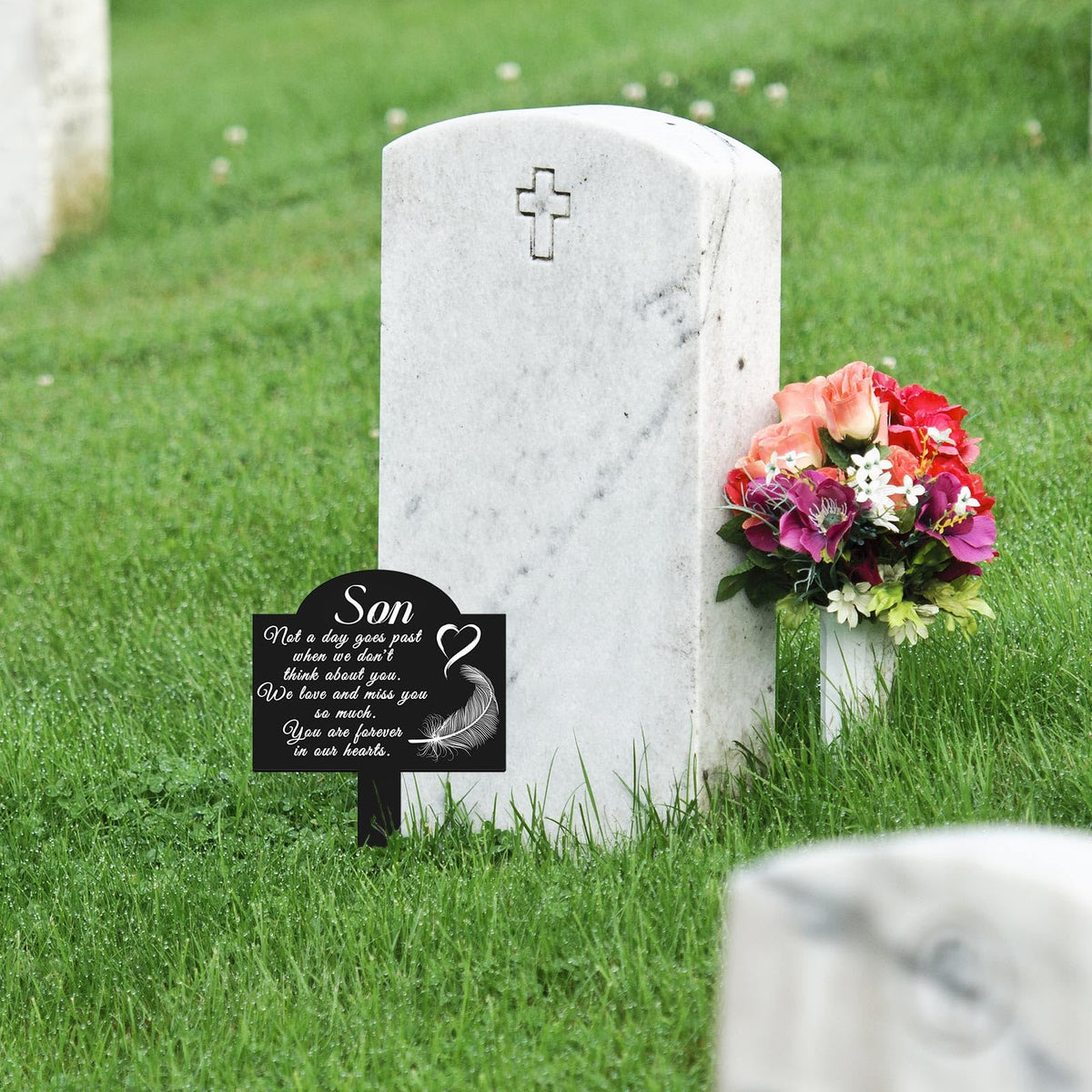 Oooct weatherproof metal stake withstands sun and rain for durable outdoor tribute.